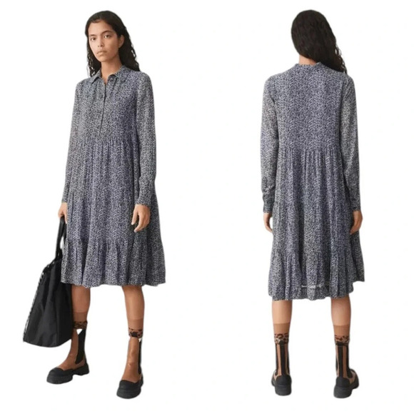 GANNI Georgette Viscose Micro Floral Print  Tiered Long Sleeve Boho Midi Dress - Picture 15 of 15